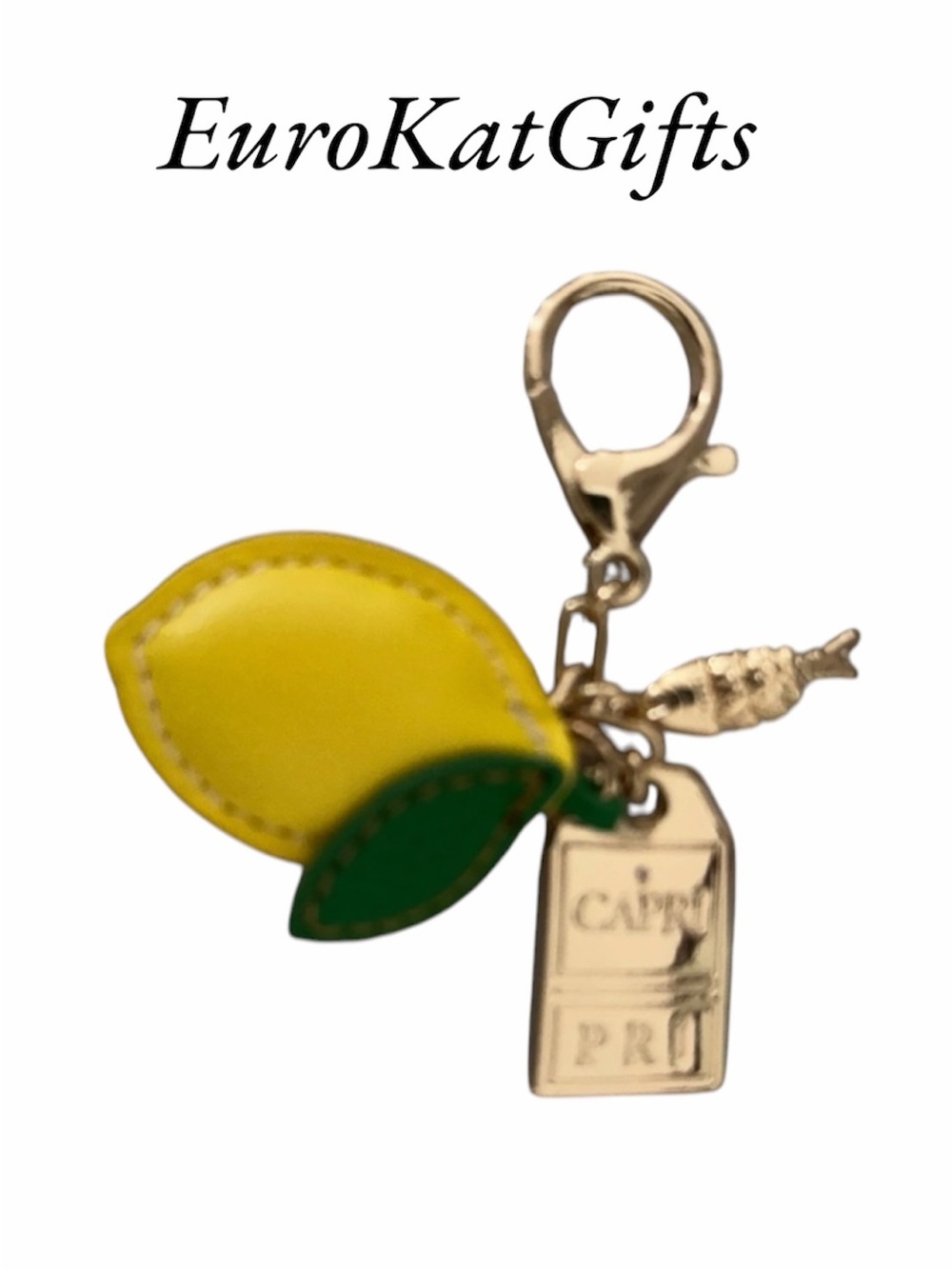 Anthropologie Lemon Keychain Card Holder in Yellow and Green Gold Hardware NEW